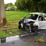 Auto botst tegen boom en vliegt in brand in Roggel