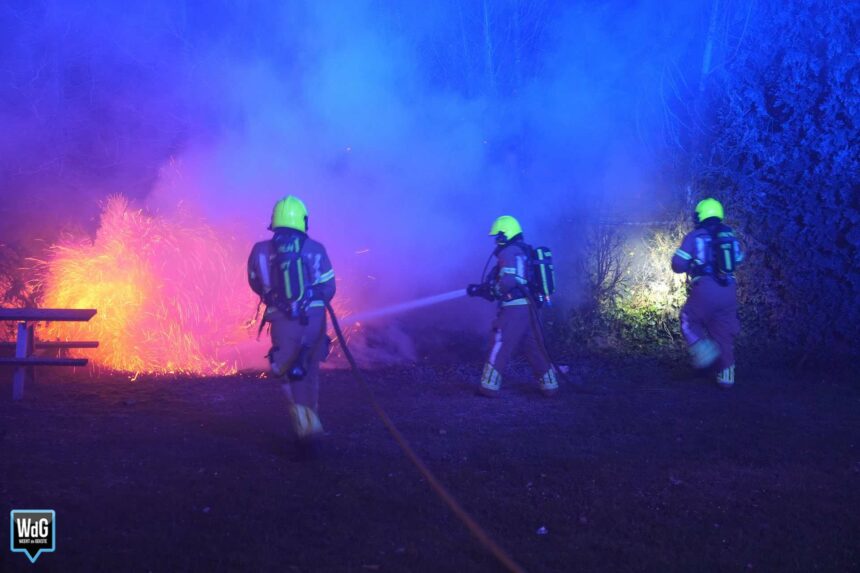 Brandweer blust brand in coniferenhaag aan Achtkantmolen