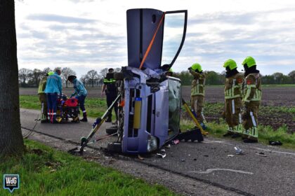 Auto op zijkant na botsing tegen boom in Meijel