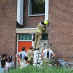Brandweer bevrijdt kraai uit gevelschacht.